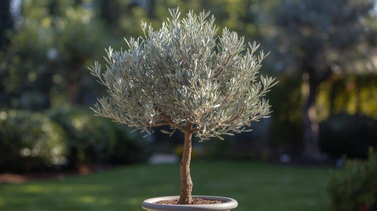 Make me a high quality picture of a full 100cm Olea Europaea Tree on one stem, outside in the garden in a decor pot