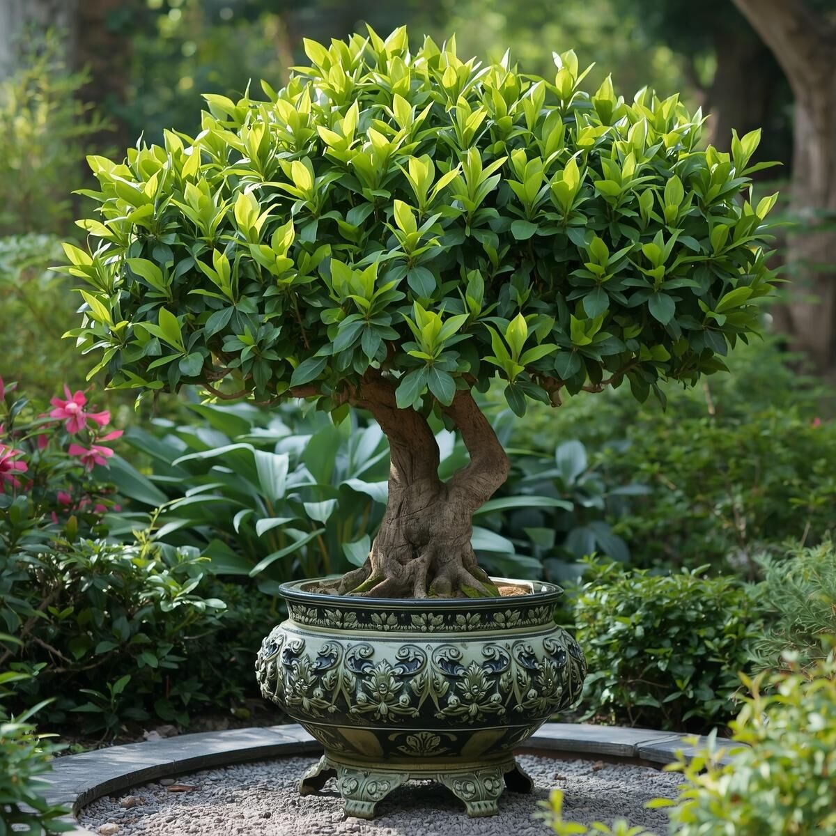 Make me an image of a Rhododendron Shrub TREE in a decorative pot that is placed in the garden. Make the Rhododendron Shrub tree NOT in bloom (1)
